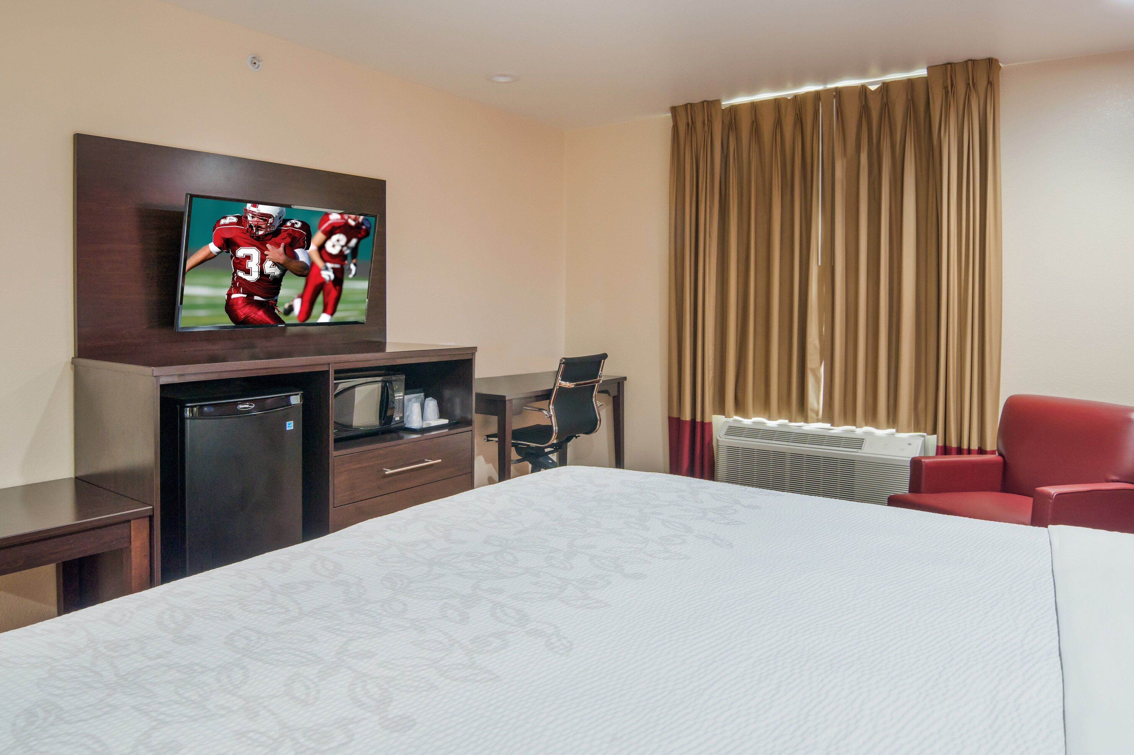 premium bedding, desk, laptop workspace, iron/ironing board