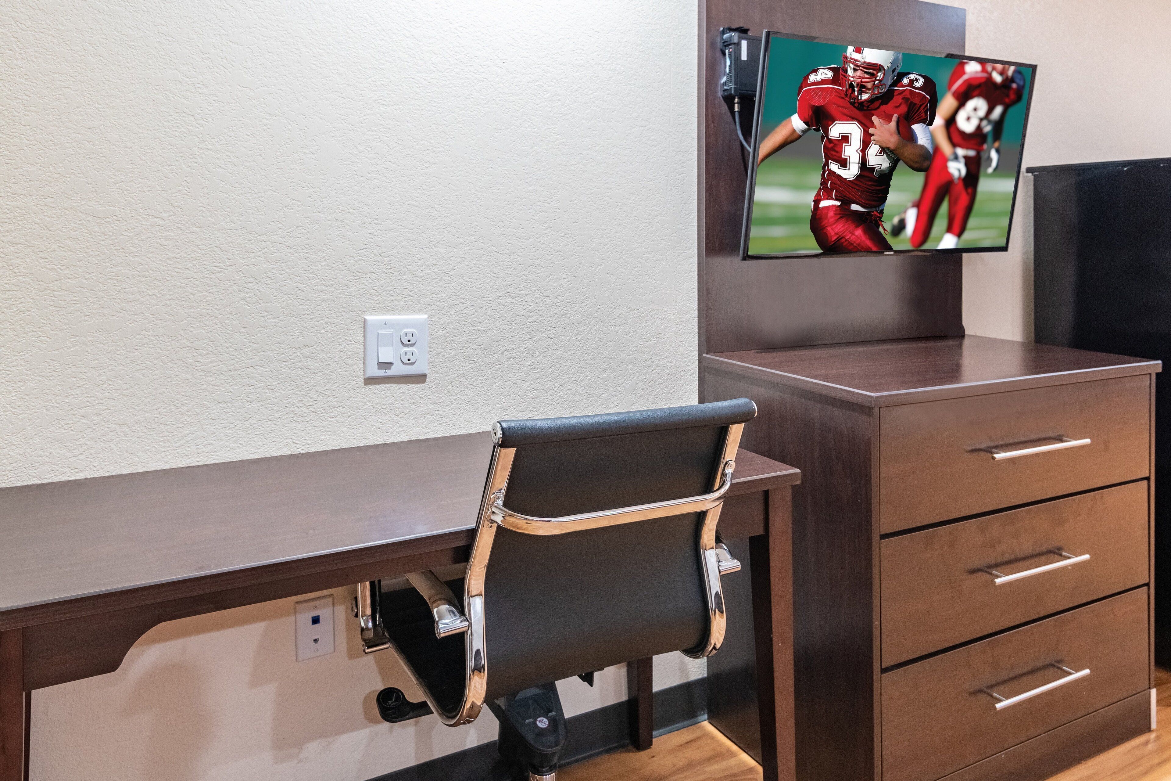 premium bedding, desk, laptop workspace, iron/ironing board