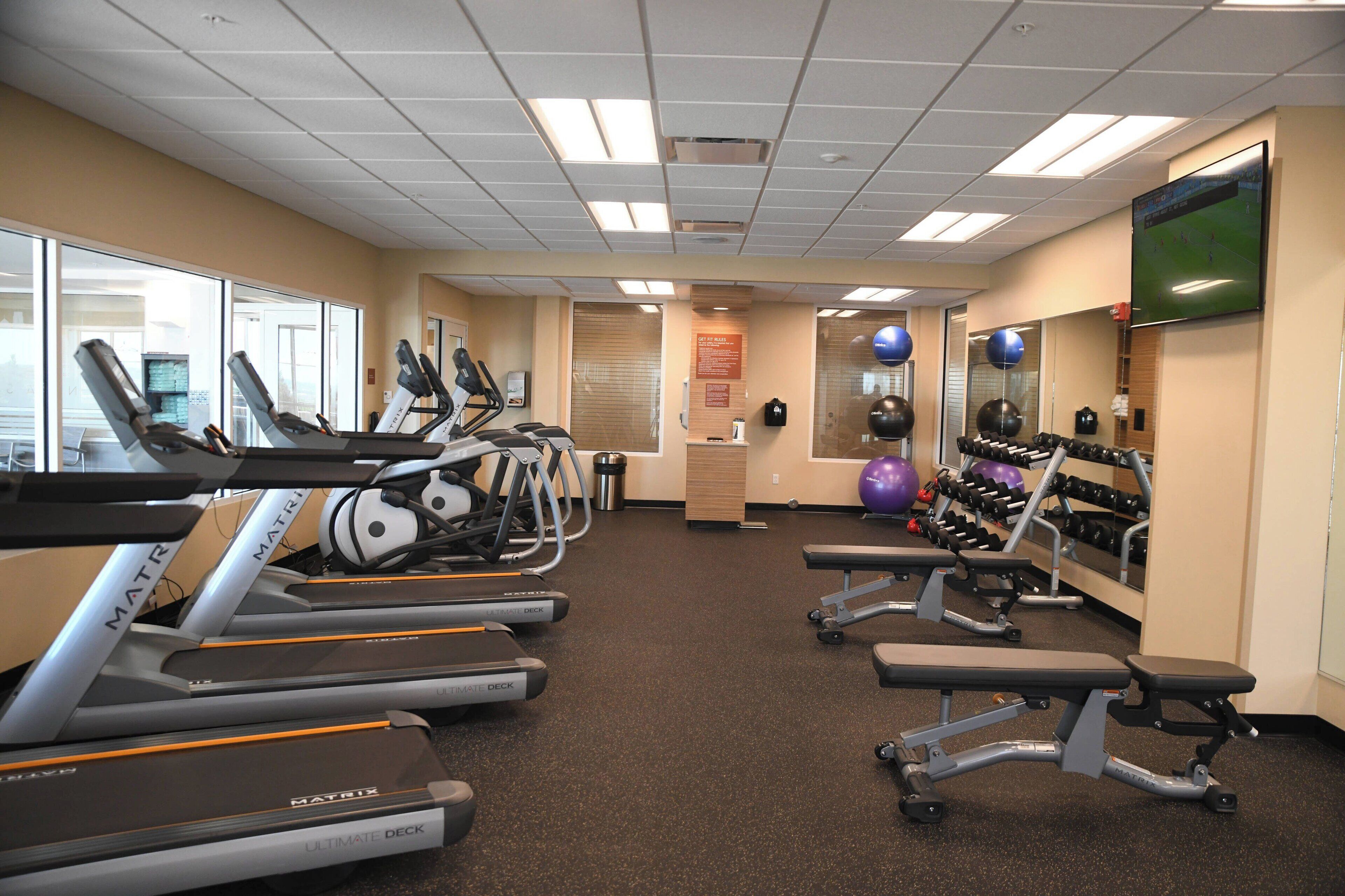 A gym with treadmills, elliptical machines, and weight benches.