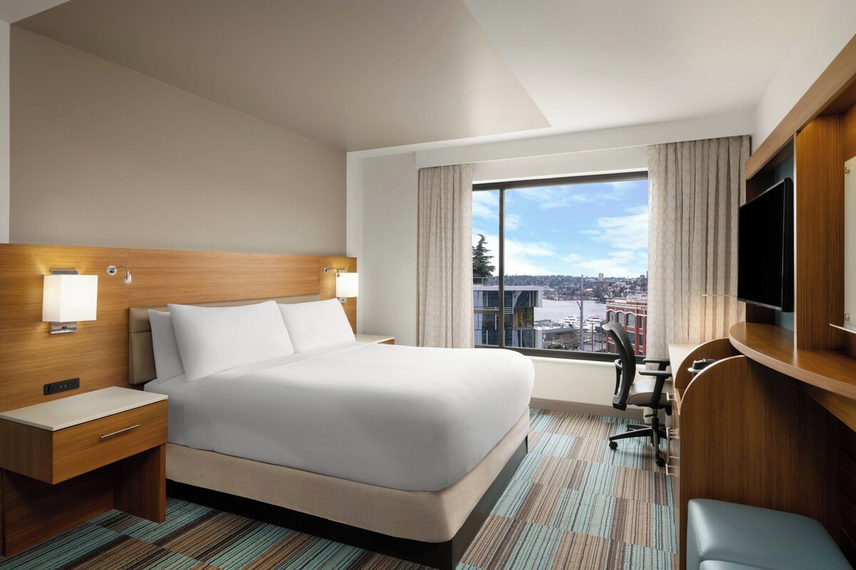 A hotel room with a large bed, a desk, a chair, a TV, and a window with a city view.