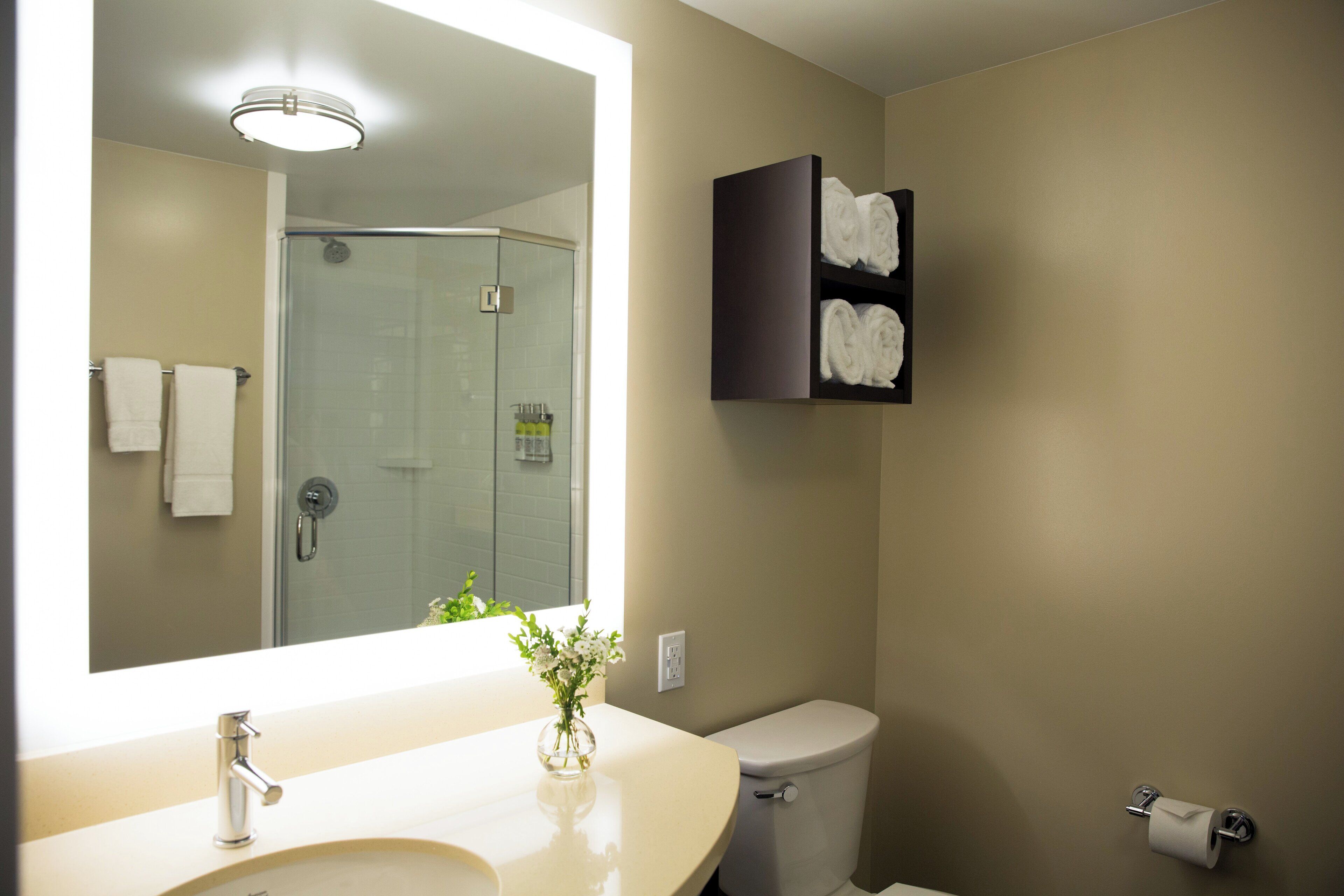 A bathroom with a sink, mirror, toilet, and a glass shower enclosure.