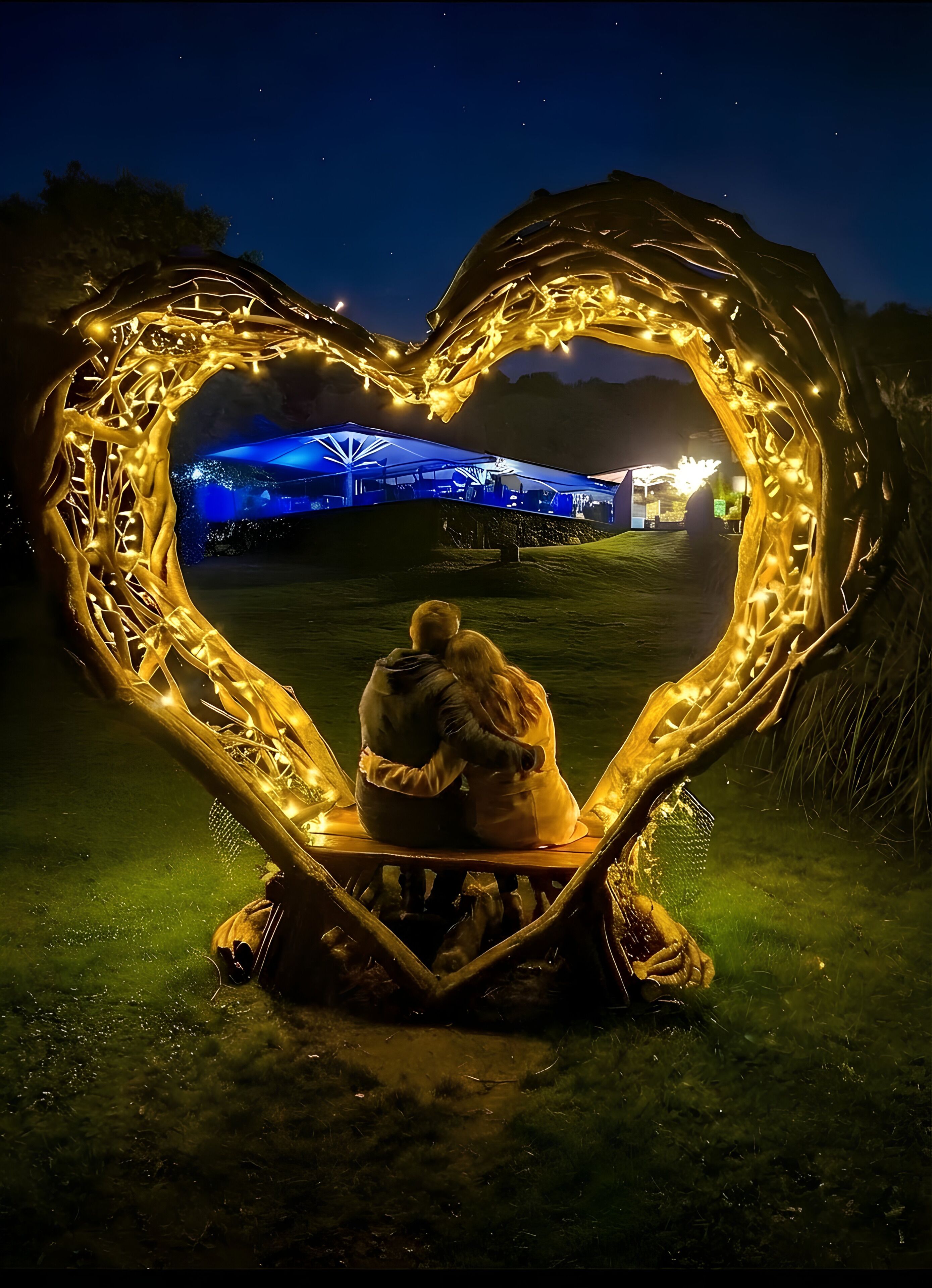 A heart-shaped light installation with a person sitting inside.