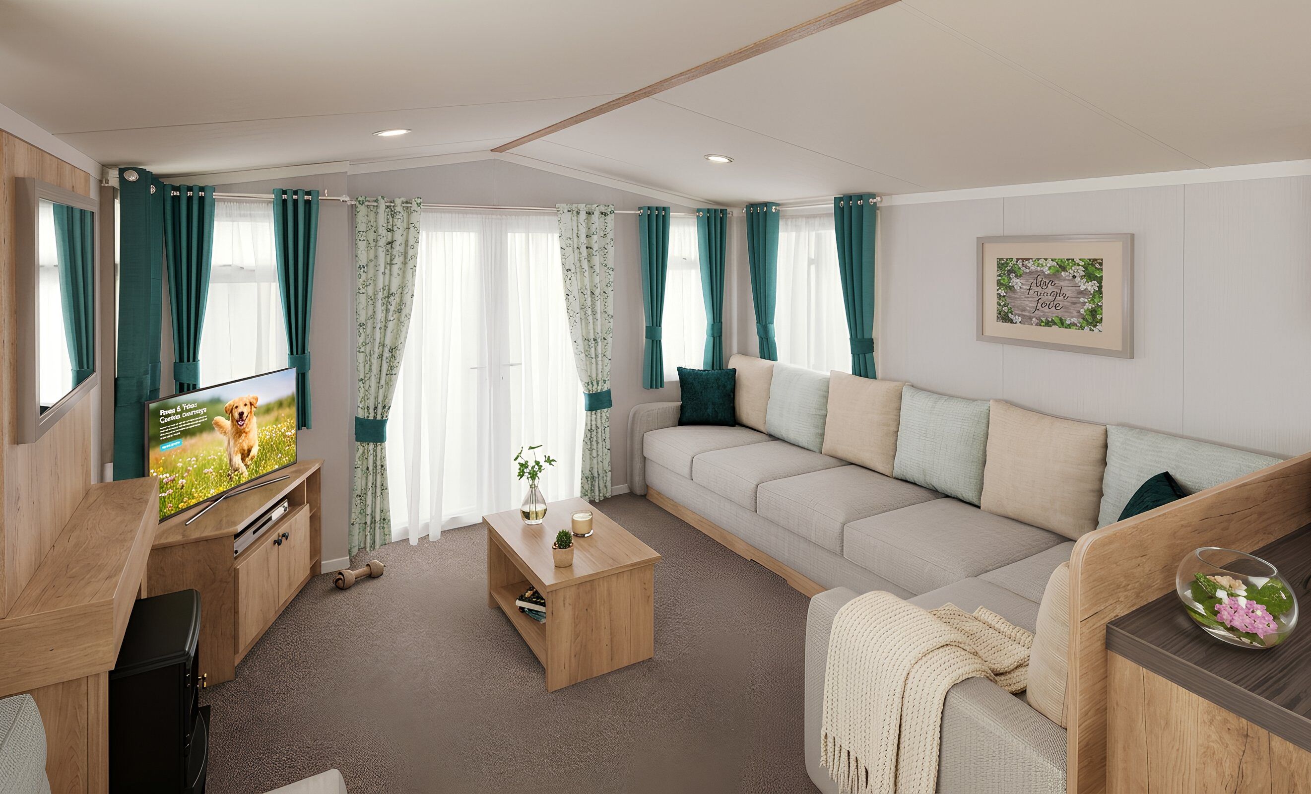 A modern living room with a sofa, TV, wooden cabinet, and a small table with a plant.