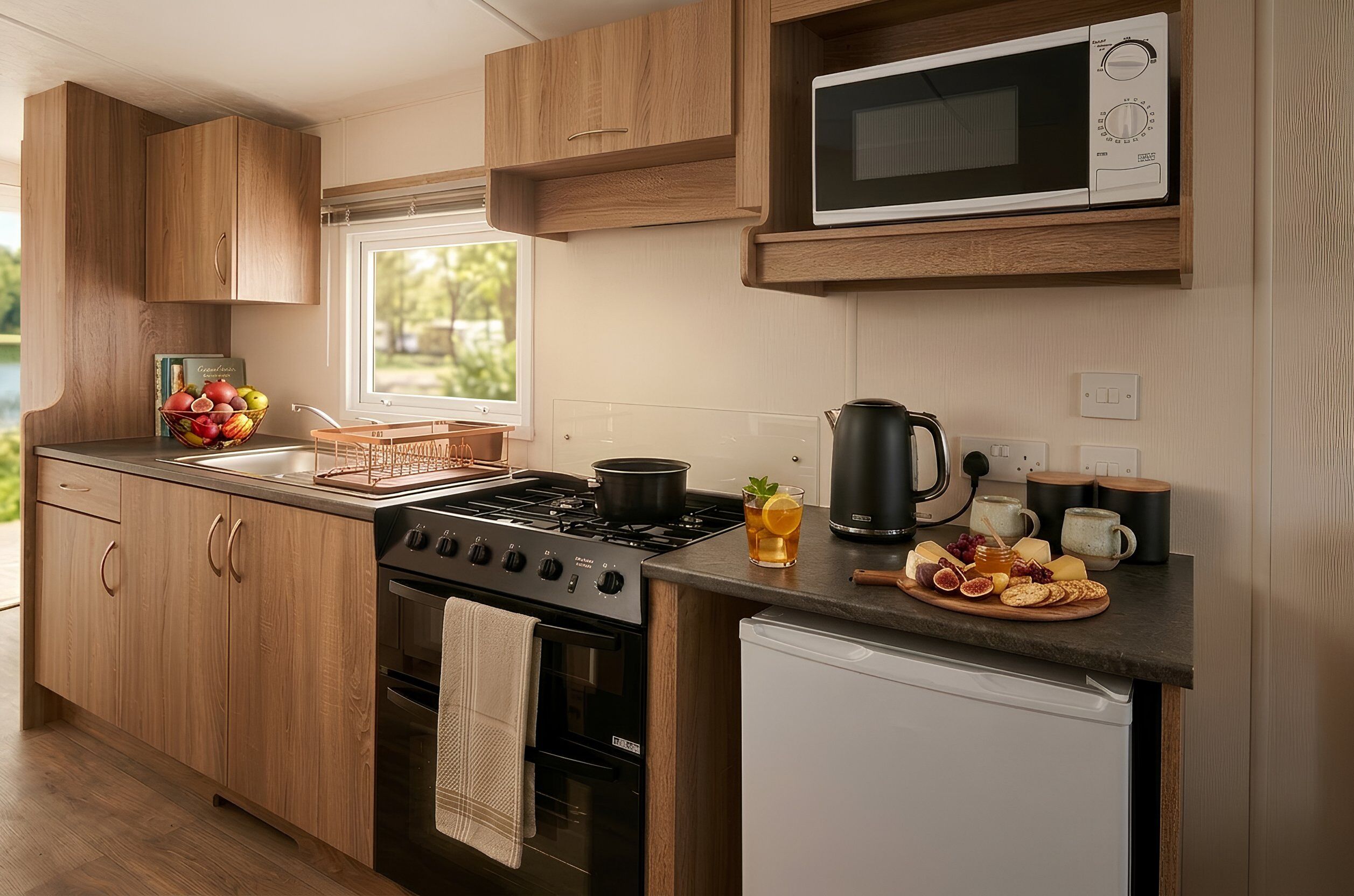 A kitchen with wooden cabinets, a microwave, a stove, a sink, and a countertop with a fruit bowl and a kettle.