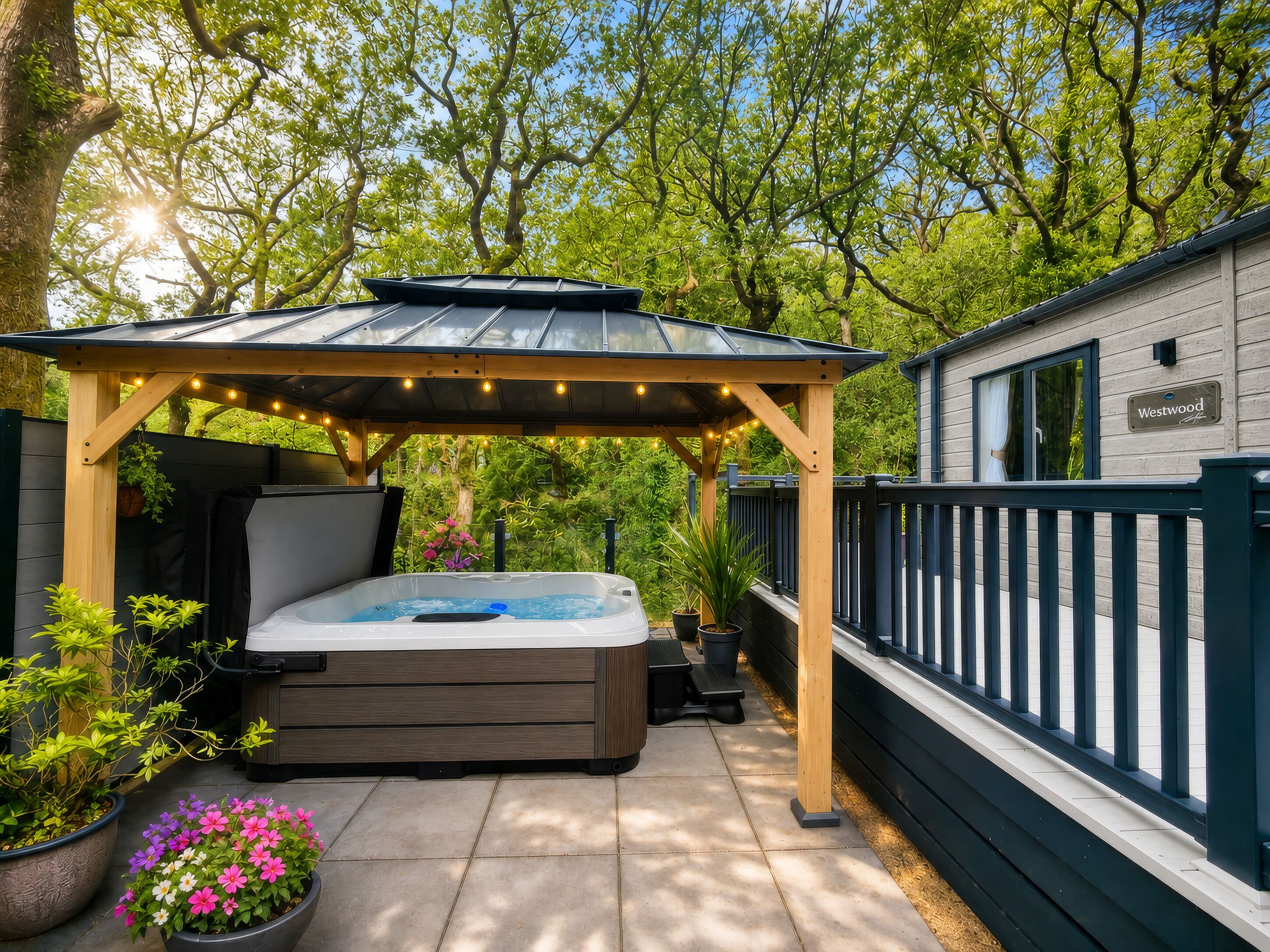 A hot tub under a wooden pergola with string lights, surrounded by potted plants and a deck.