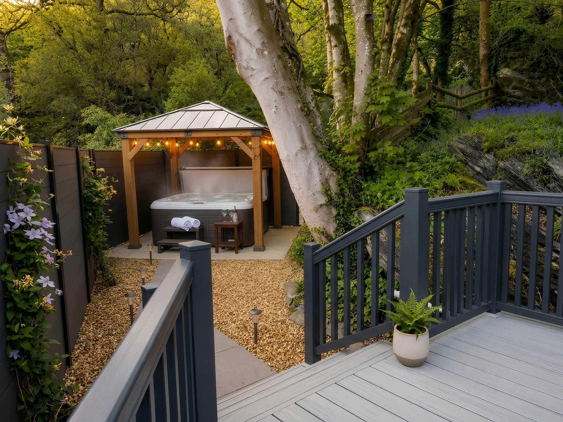 A hot tub with a wooden canopy, surrounded by a wooden deck and gravel path, with a forested backdrop.
