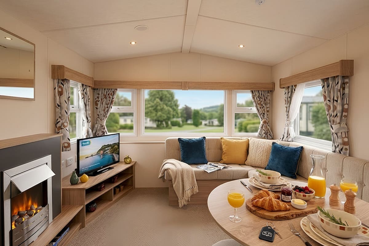 A cozy room with a fireplace, a television, a sofa with cushions, a dining table with breakfast items, and large windows with curtains.