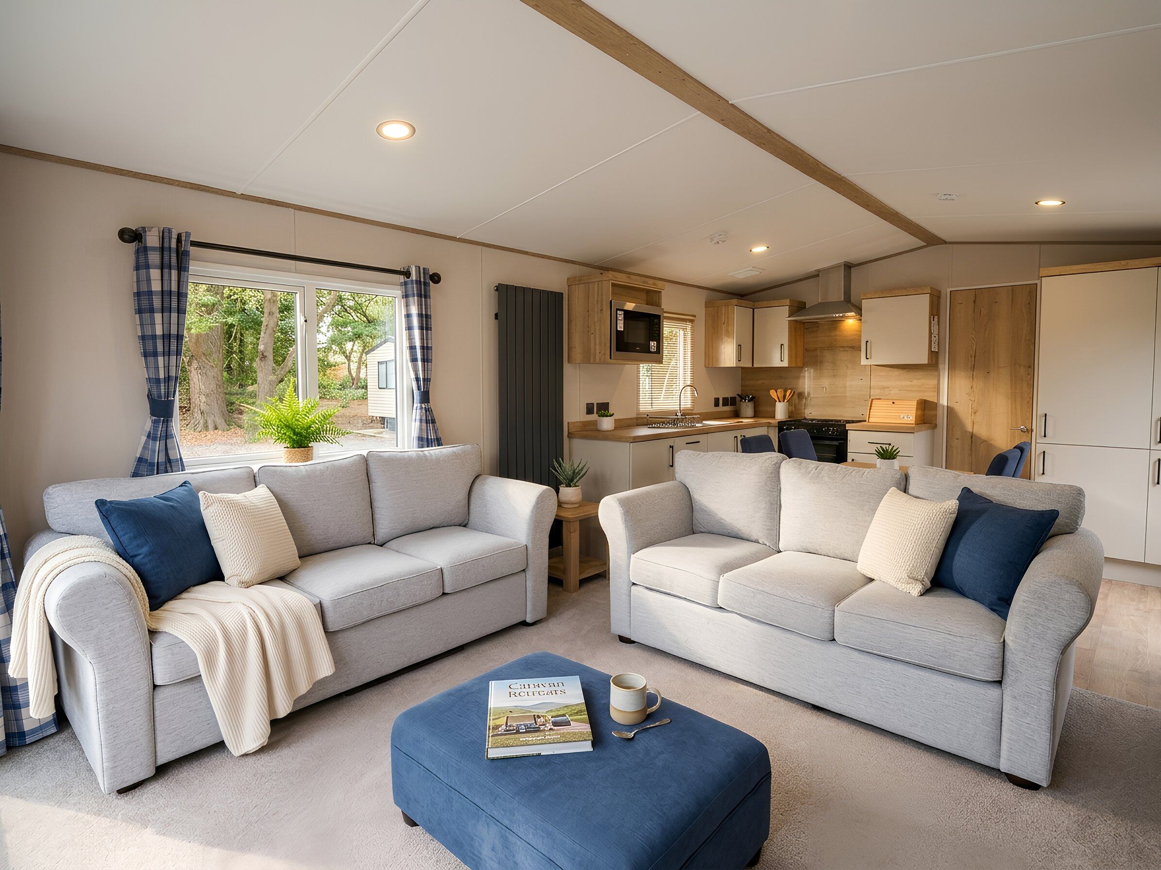 A modern living room with two sofas, a coffee table, and a kitchen in the background.