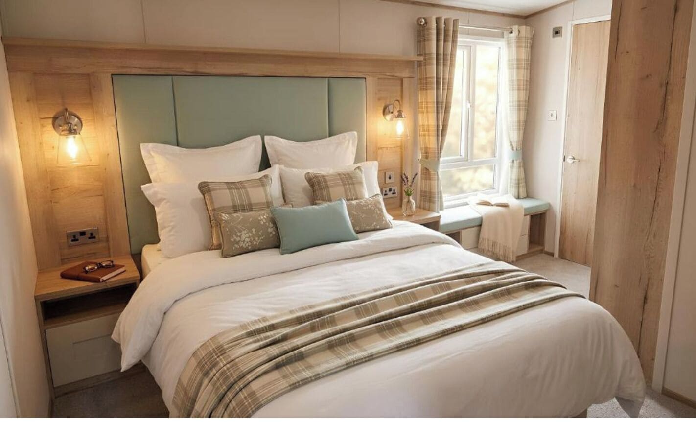 A bedroom with a bed, bedside tables, a window with curtains, and a wooden door.