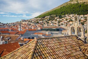 A historic town with terracotta-tiled rooftops, a prominent bell tower, and a hillside with dense greenery. - House STAYEVA 11 (Dubrovnik)