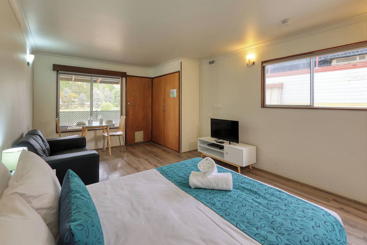 Une chambre d’hôtel avec un lit, une télévision, un bureau et une chaise.