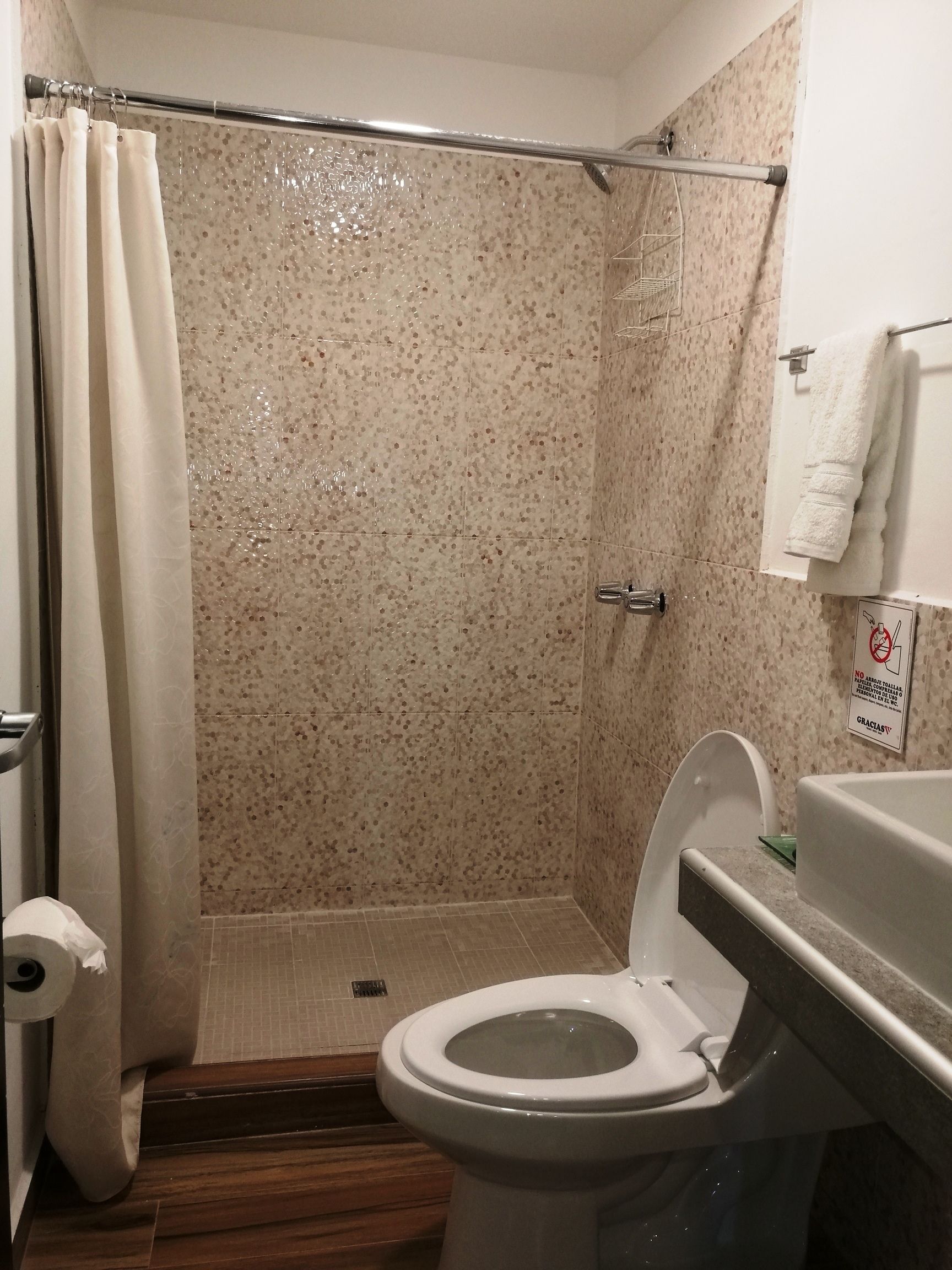 A bathroom with a shower, toilet, and a towel rack.
