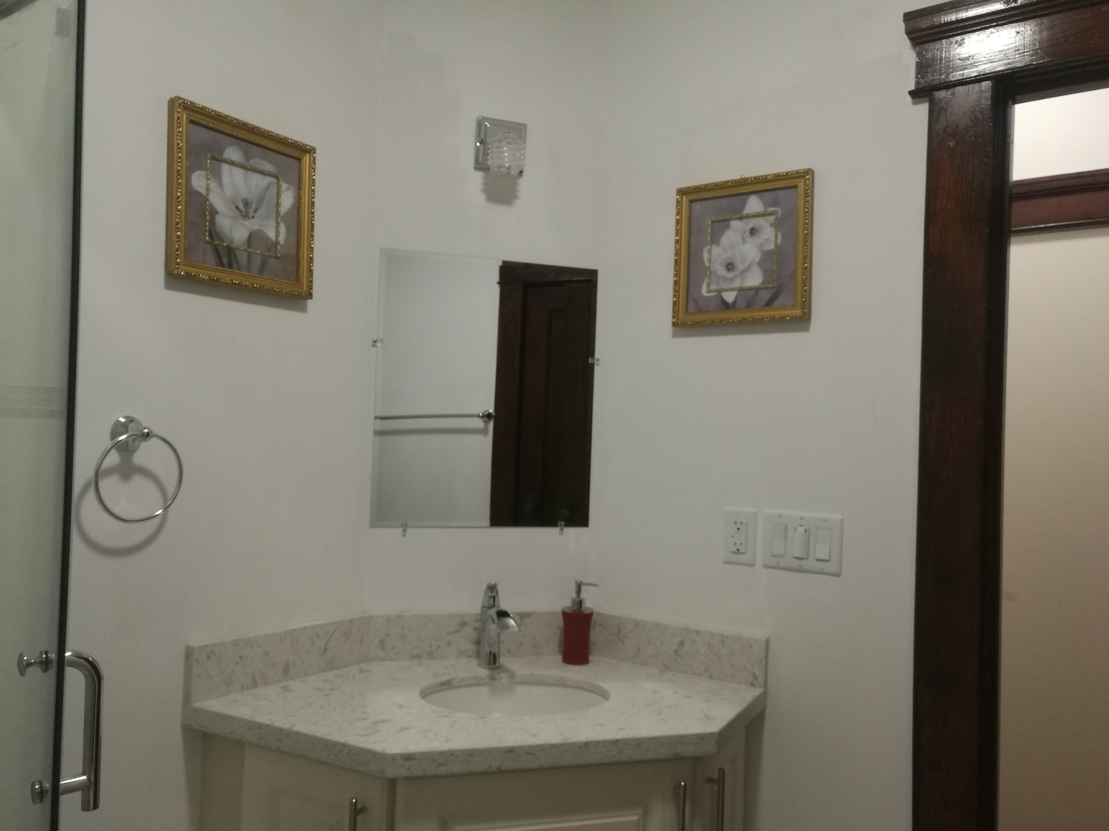 A bathroom with a sink, mirror, and two framed pictures on the wall.