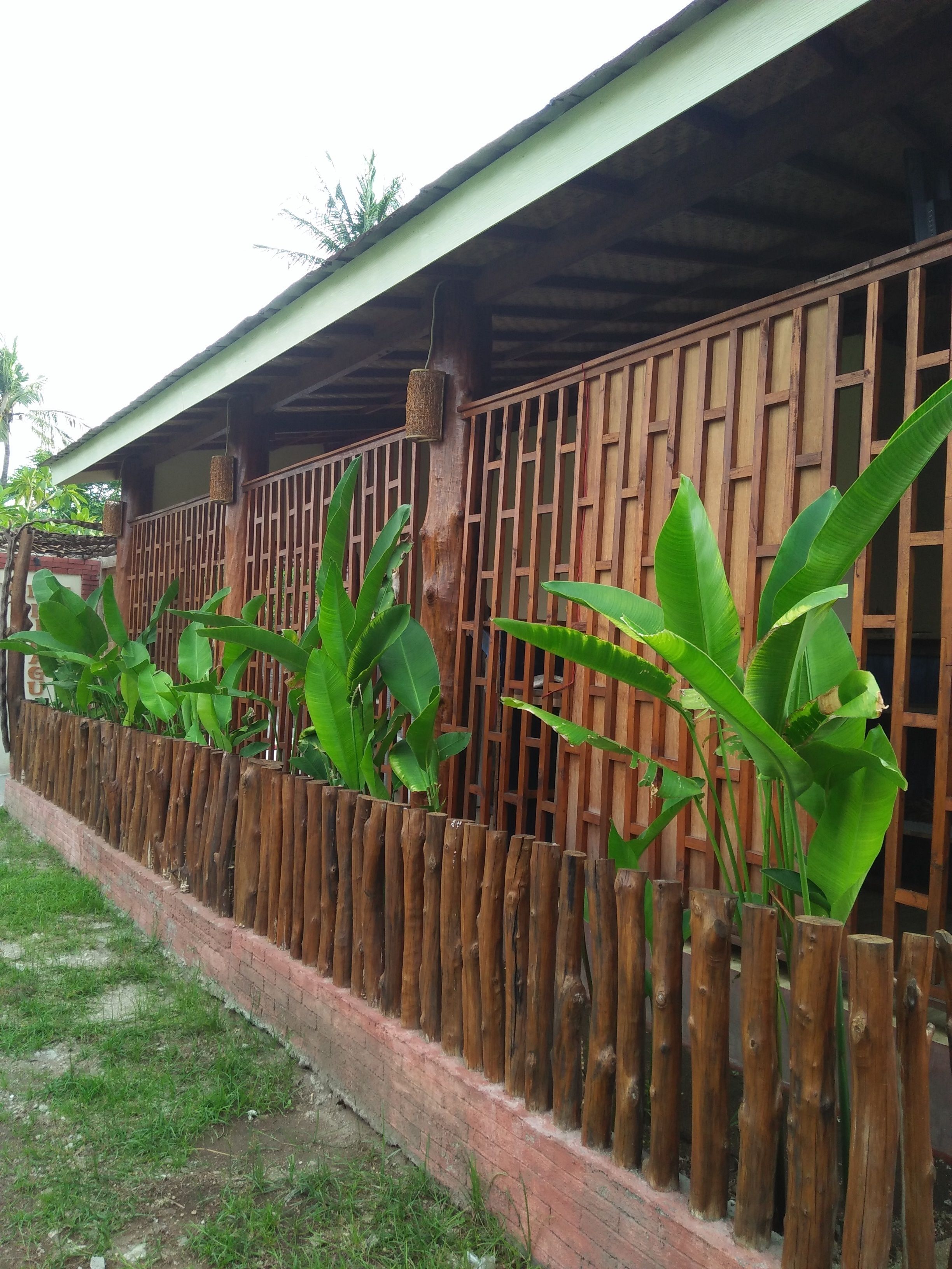 A wooden fence with vertical slats and a brick base, flanked by large green banana leaves.