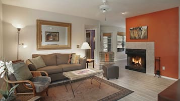 Smart TV, fireplace, DVD player, books