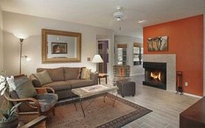 Smart TV, fireplace, DVD player, books