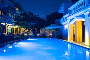 Outdoor pool, pool umbrellas, pool loungers