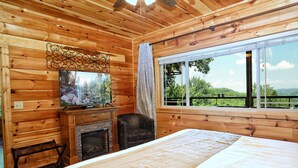 Een houten kamer met een bed, een open haard, een televisie en een groot raam met uitzicht op de natuur.