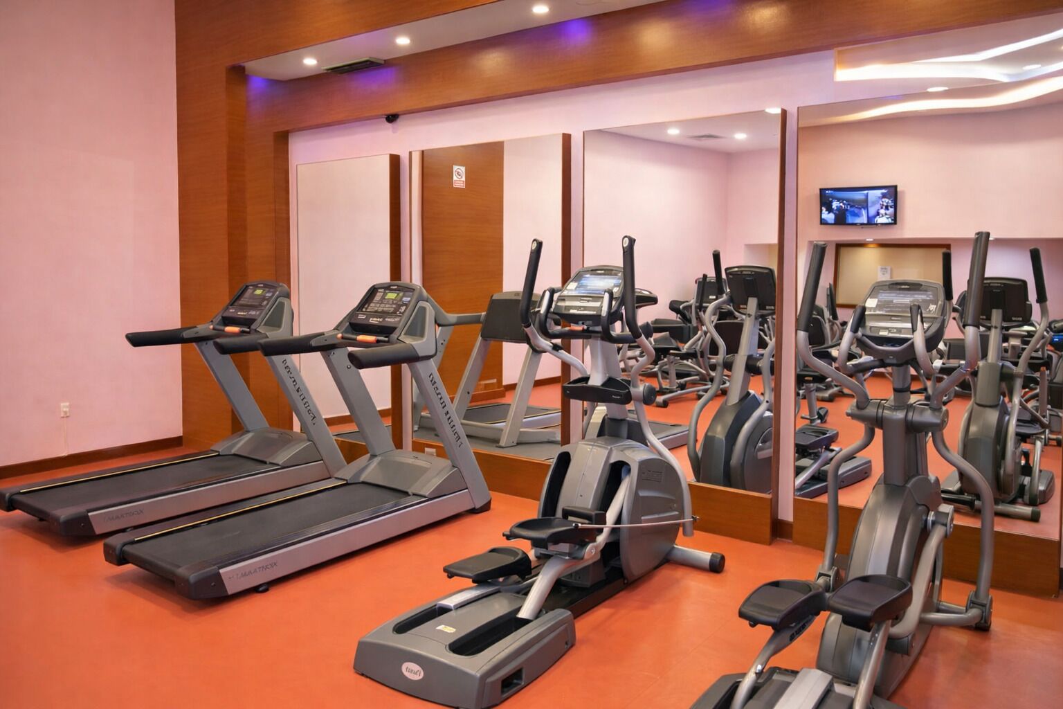 A gym with multiple treadmills, ellipticals, and a television on the wall.