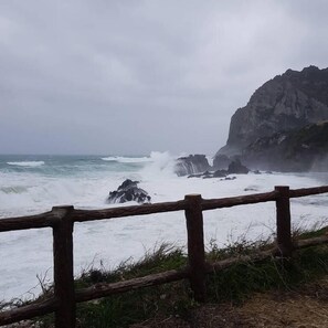 A coastal scene with a wooden fence, waves crashing against rocks, and a cliff in the background.