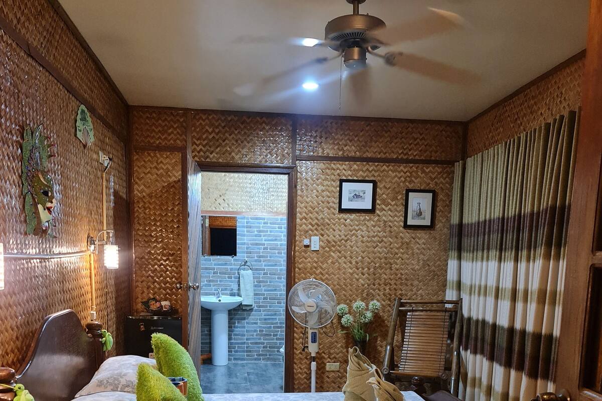 A bedroom with a bed, a desk, a chair, a fan, a ceiling fan, a window, and a door.