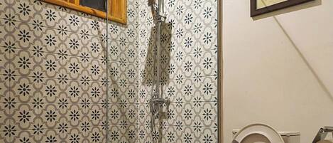 A bathroom with a shower, toilet, and a framed picture on the wall.