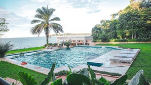Una piscina con lettini, una palma e vista sul mare.