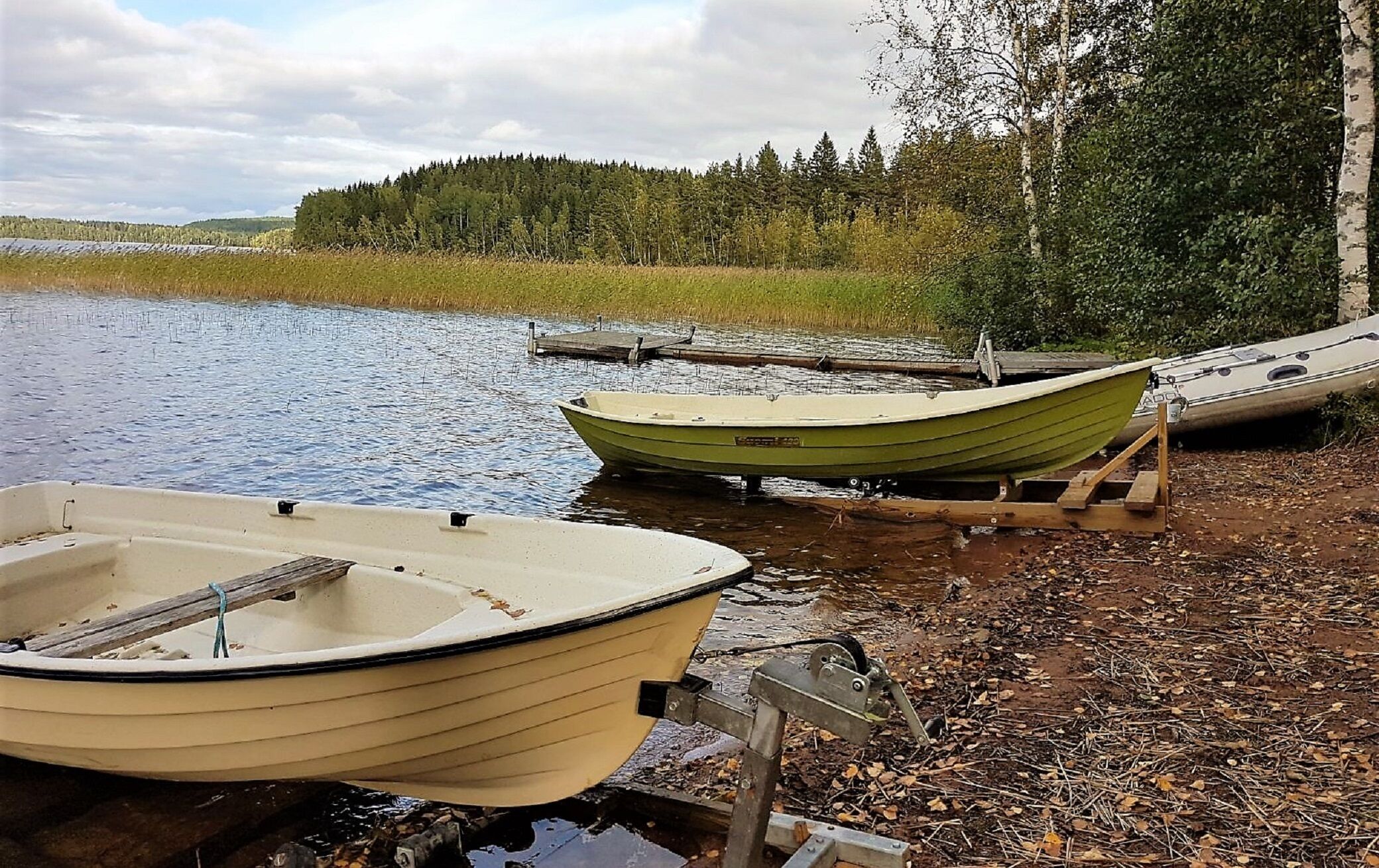 Two boats moored on a pebbly shore with a forest in the background.