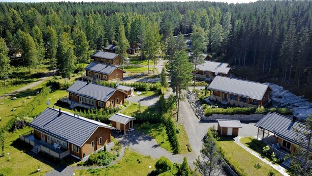 Un quartier résidentiel composé de plusieurs maisons, entouré d’une forêt dense.