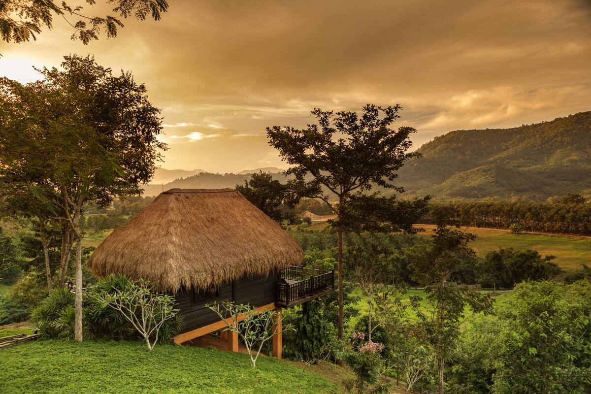 A thatched-roof hut with a wooden deck, surrounded by lush greenery and hills in the background.