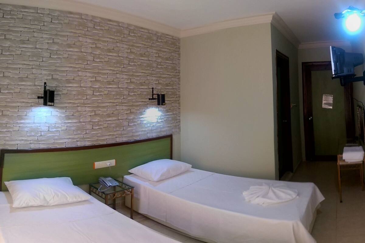 Quarto de hotel com duas camas, uma parede de tijolos e uma televisão no canto.