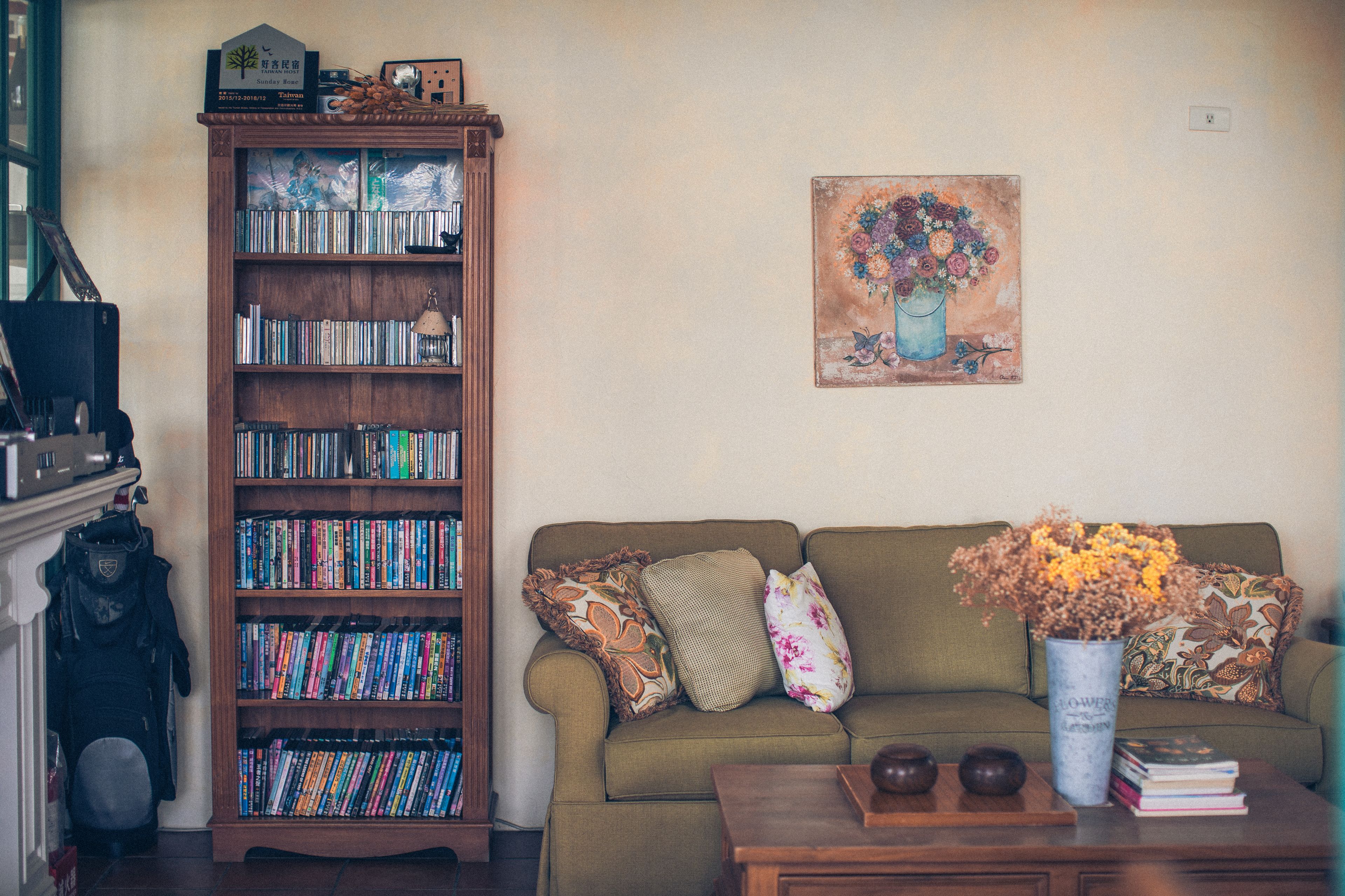 Un salon avec une bibliothèque, un canapé et une table basse.