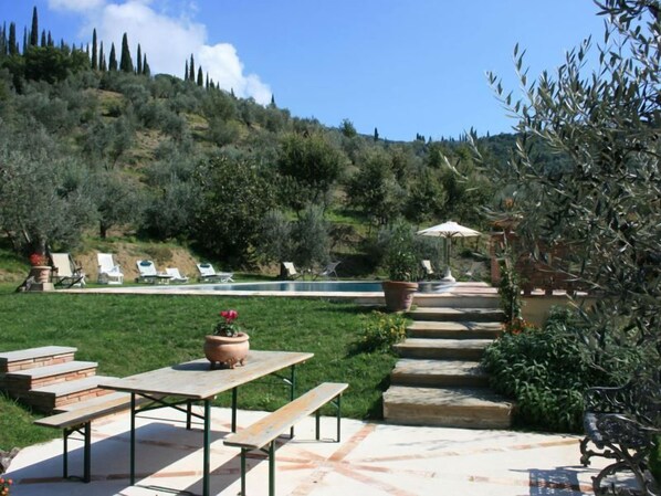 Seasonal outdoor pool, pool umbrellas, sun loungers
