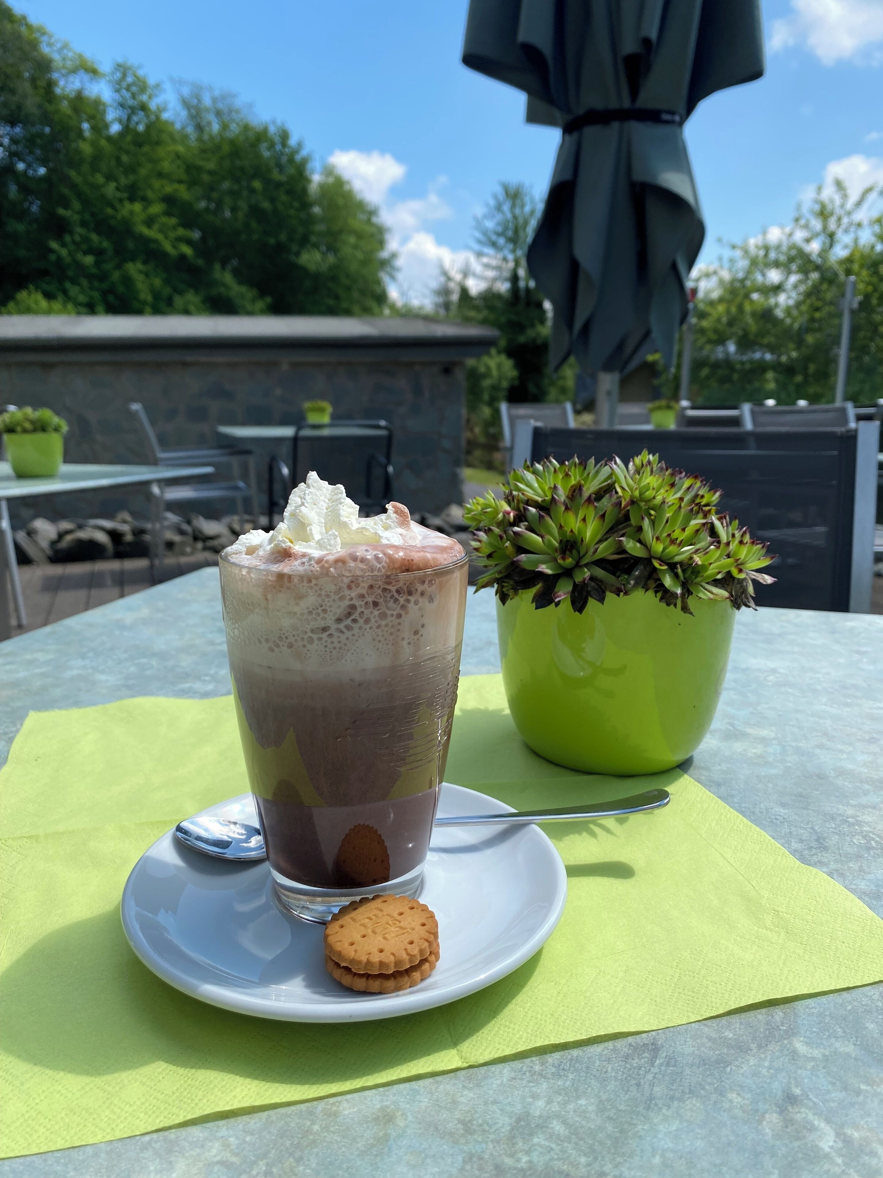 Een dessert op een tafel met een groene tafelkleed, een bloempot en buitenmeubilair.