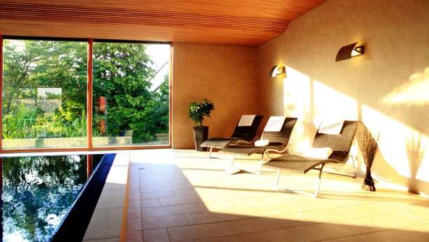 Un área de piscina interior moderna con sillones de descanso y una planta en maceta.