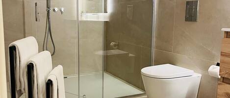 Une salle de bain moderne avec une douche à parois de verre, des toilettes et un porte-serviettes.
