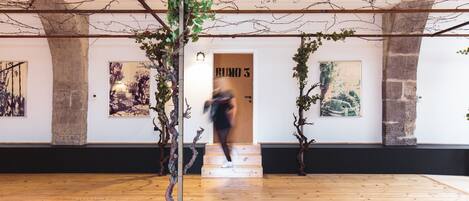 An art gallery with wooden floors and stone columns.