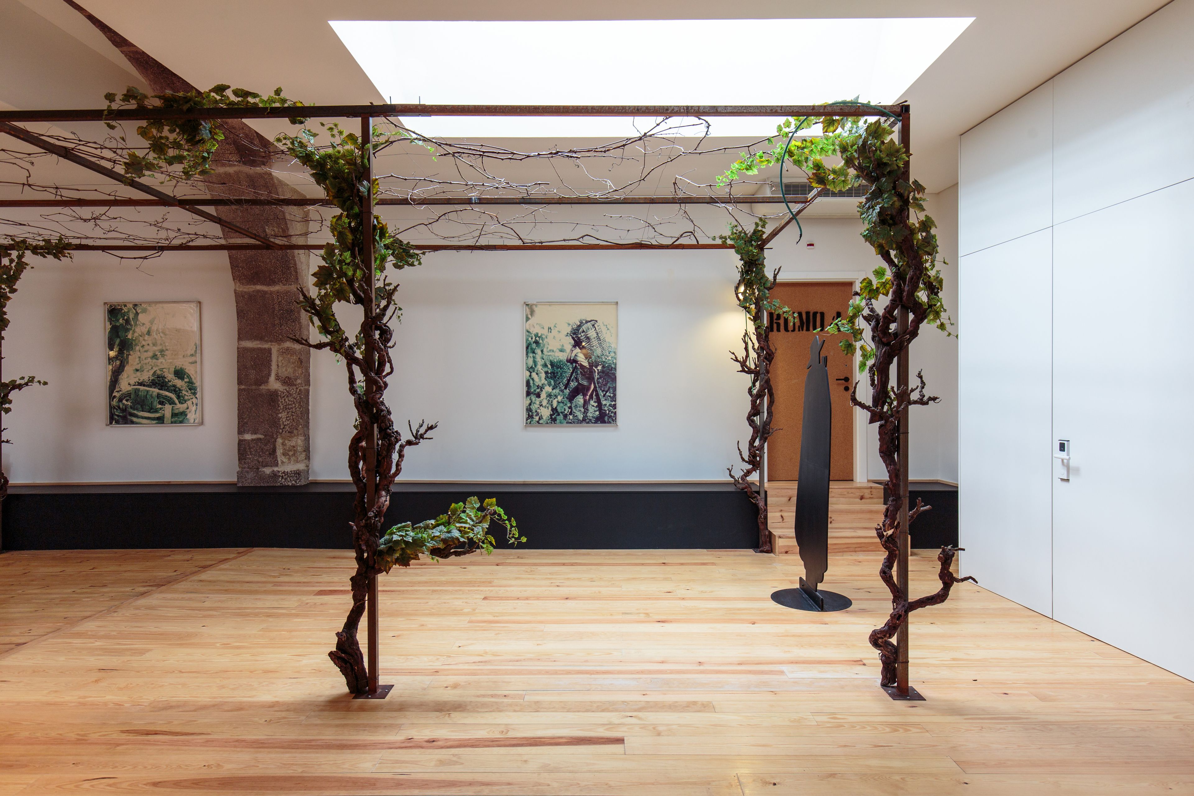 Une galerie d’art dotée de planchers en bois, de cadres métalliques et de plantes grimpantes suspendues.
