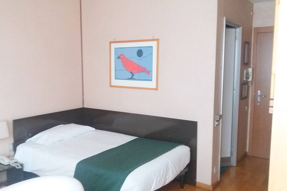 A single bed with a green blanket, a white pillow, and a framed picture of a bird on the wall.