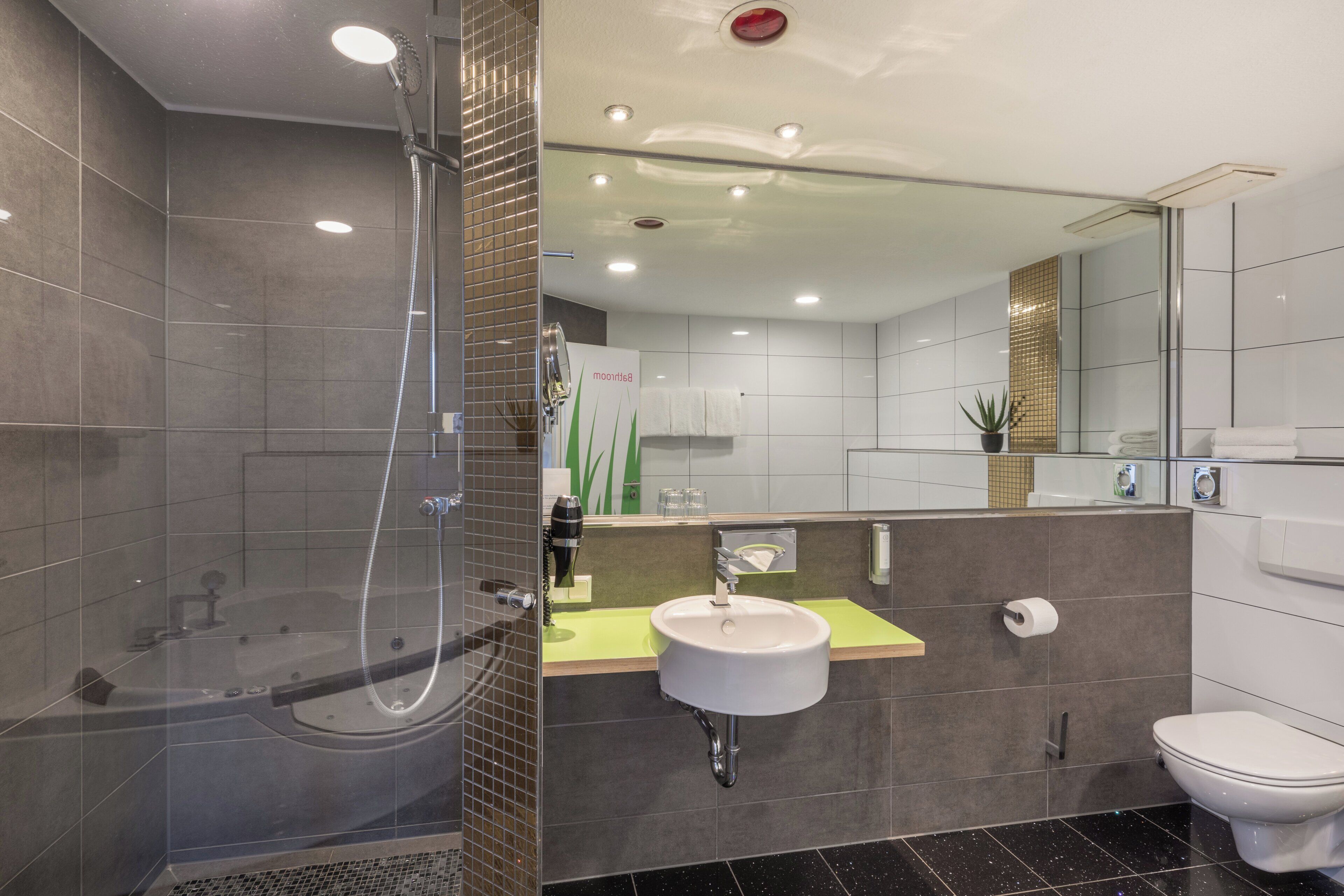 Ein modernes Badezimmer mit Dusche, Waschbecken und Toilette.