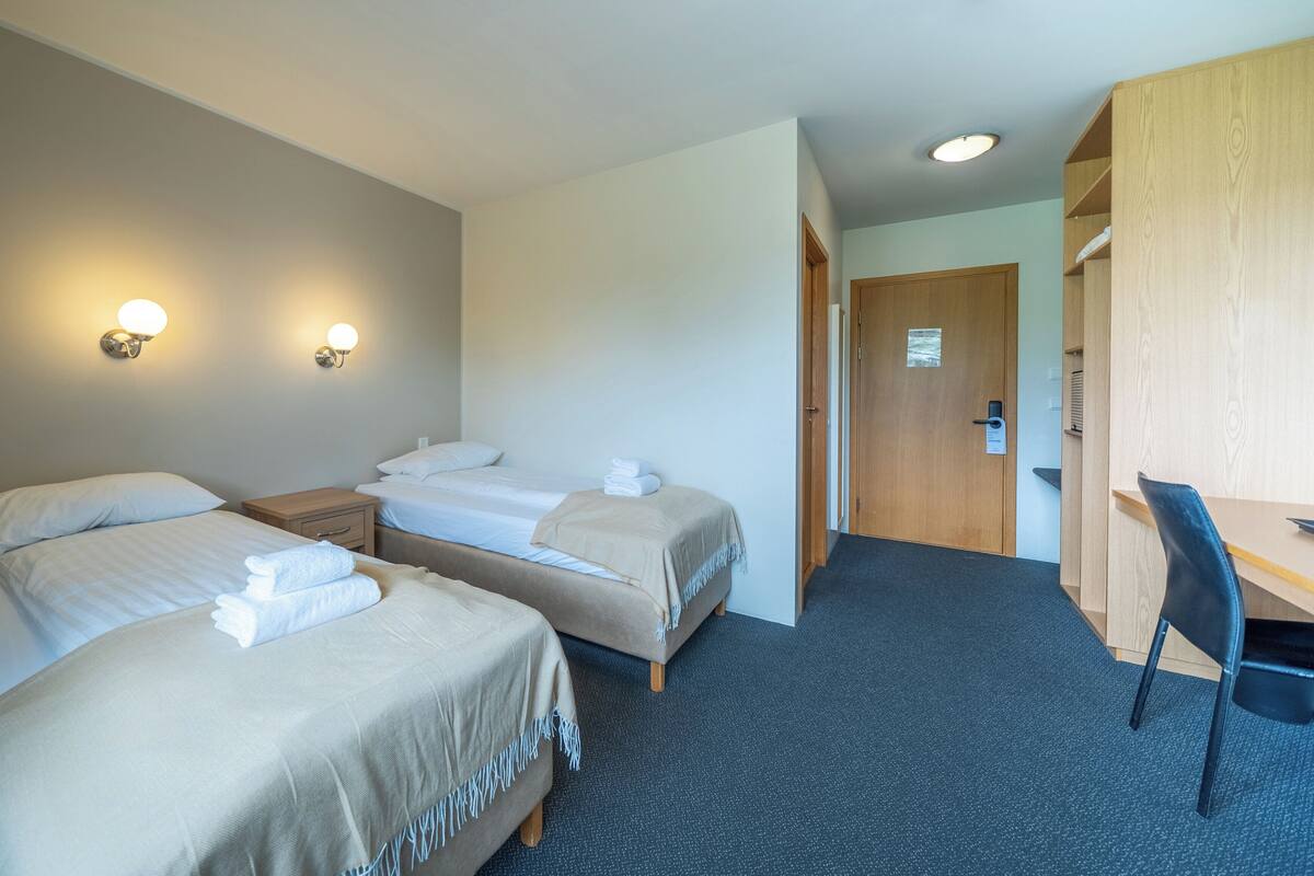 Habitación de hotel con dos camas, un escritorio y una silla.