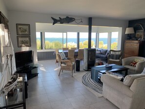 Televisie, een open haard, een dvd-speler en boeken