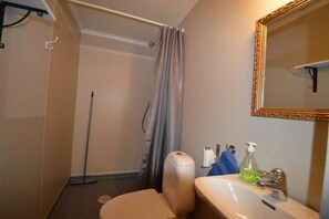 Baño con inodoro, lavamanos, espejo y cortina de ducha.