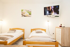 A room with two wooden beds, a TV mounted on the wall, and a small cabinet. - Rooms Garden Zagreb Airport (Velika Gorica)