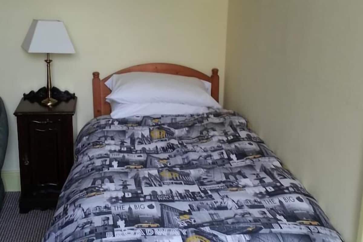 A bedroom with a bed, a chair, a nightstand, and a lamp.