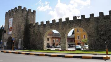 A historic stone wall with arches, a traffic light, and a street with parked cars.