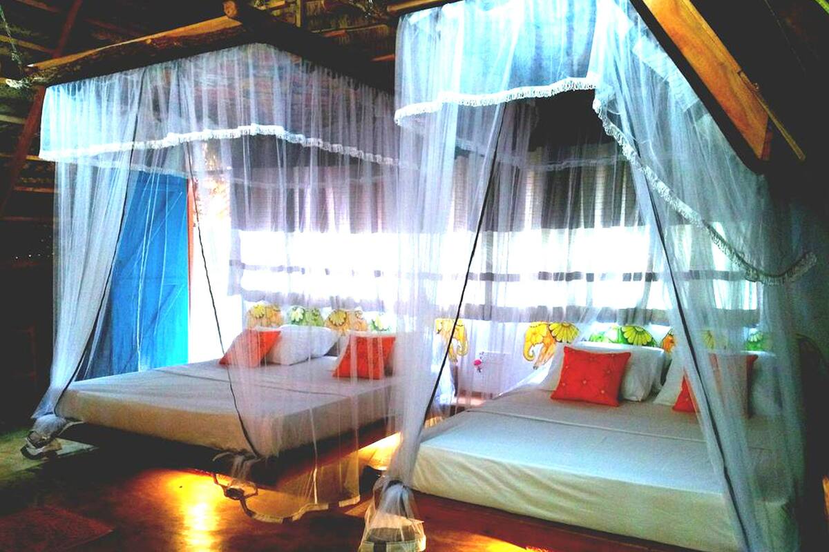 Habitación con dos camas cubiertas con mosquiteras, piso de madera y una ventana con cortinas.