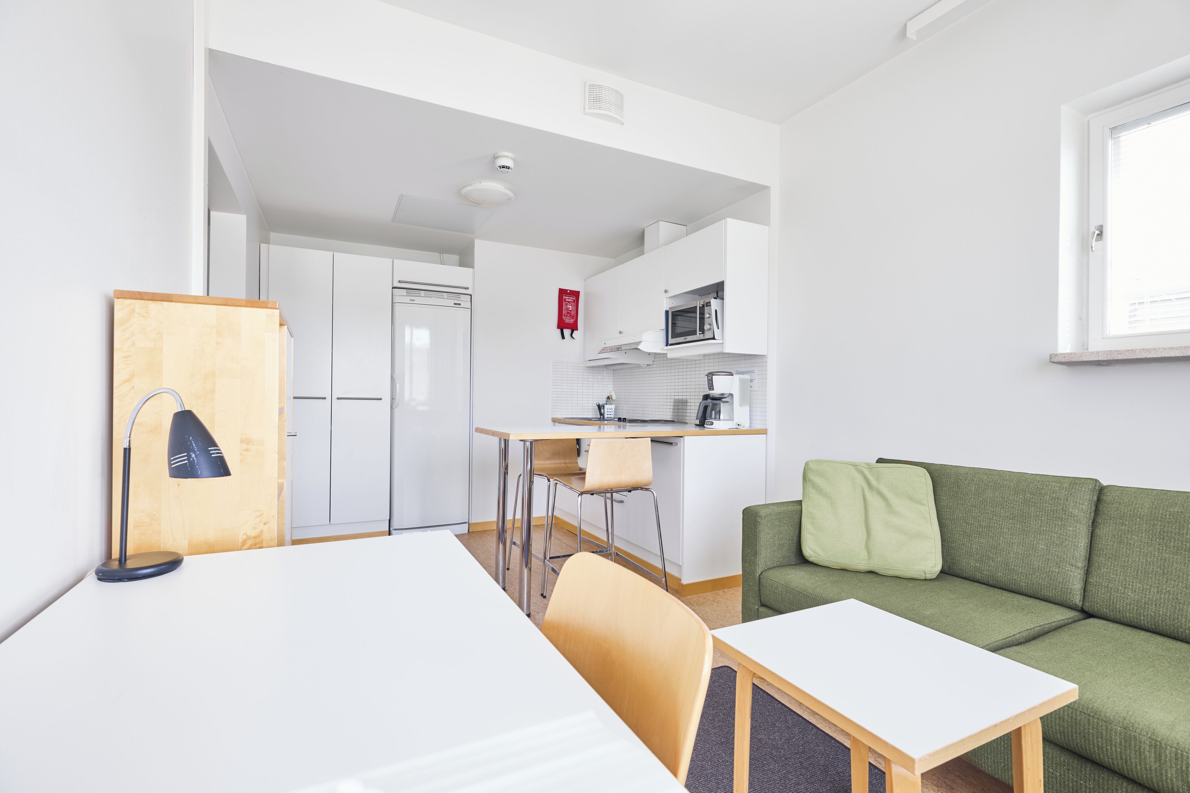 A compact living space with a kitchenette, a dining area, and a green sofa.