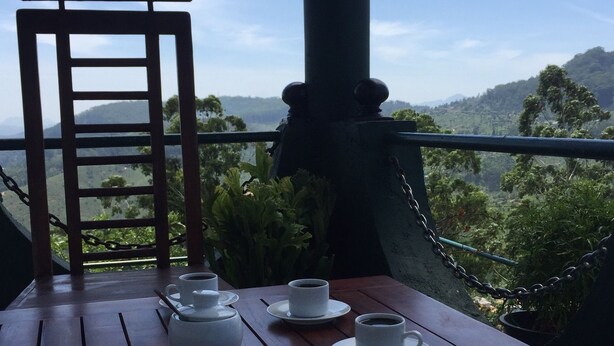 Una mesa de madera con tazas y platillos blancos, una silla de madera y vistas a un paisaje montañoso.