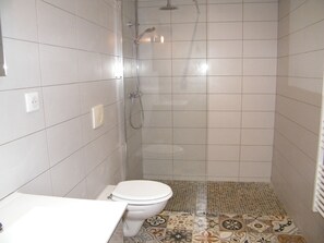Un baño pequeño con azulejos, que incluye ducha, inodoro y lavabo.